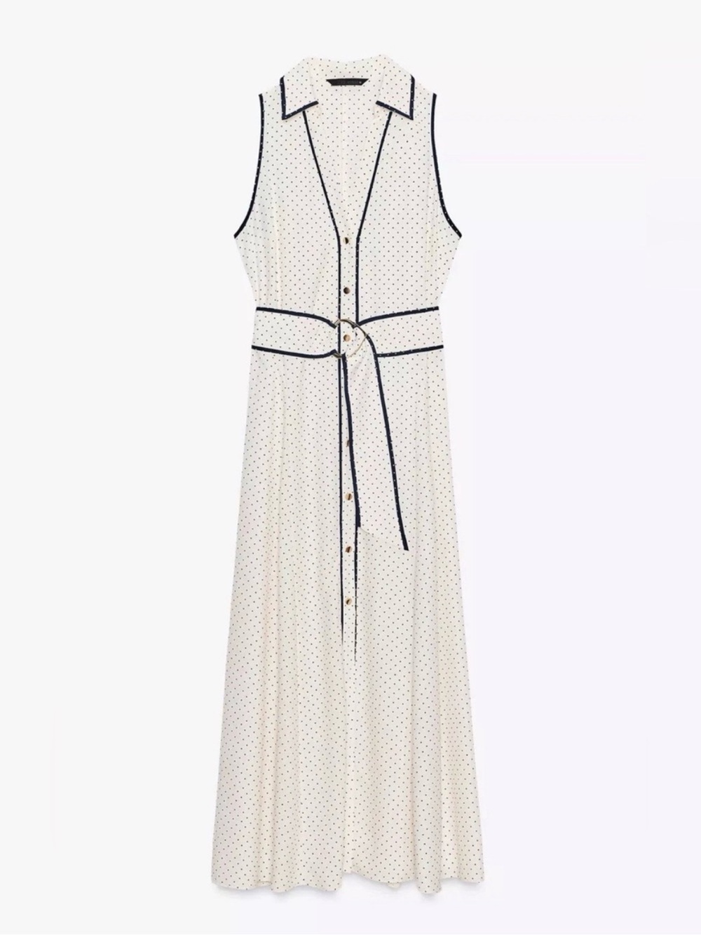 Zara Sleeveless White Belted Polka Dot Button Up Shirtdress with Black Trim - Picture 4 of 7